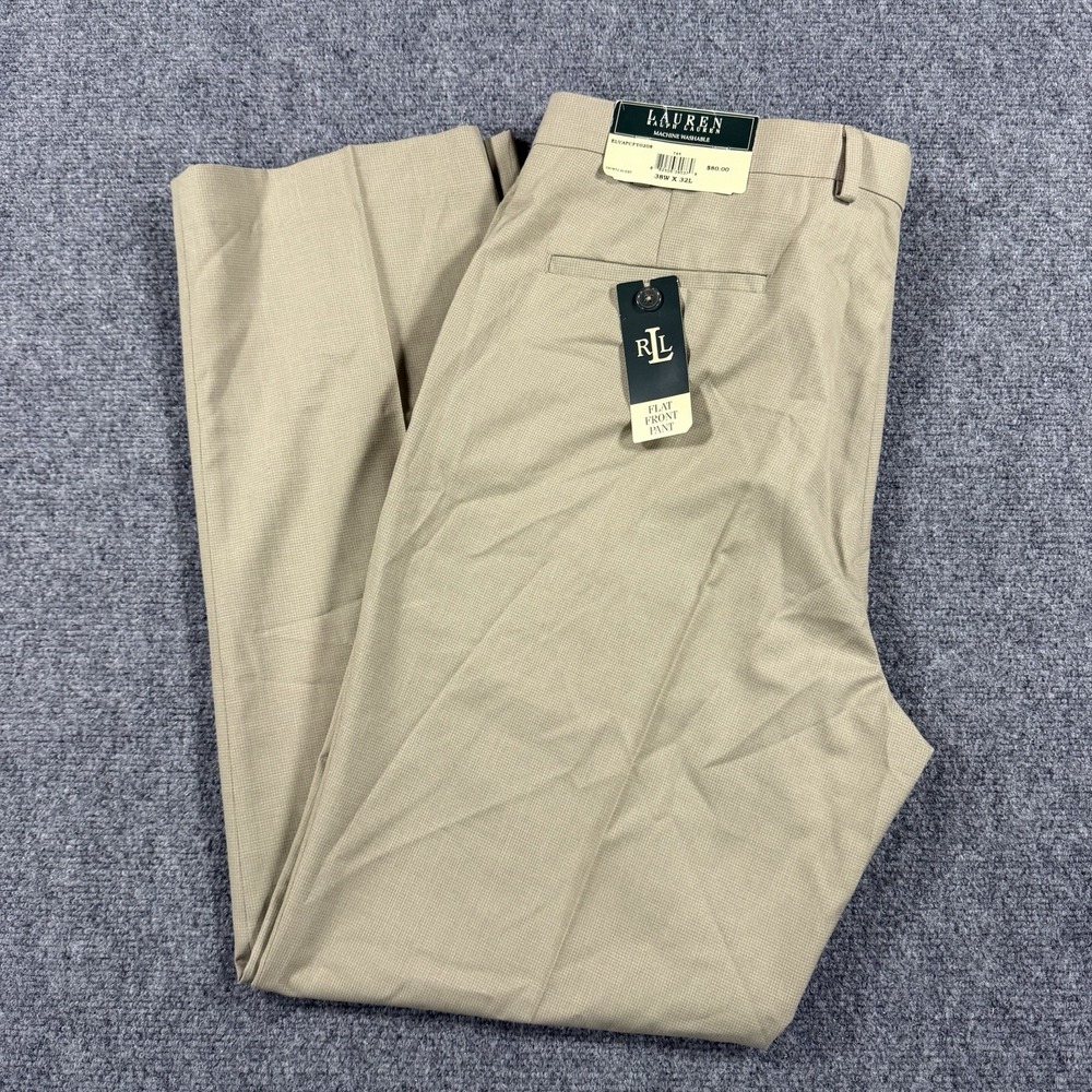 Lauren Ralph Lauren Pants Mens 38x32 Beige Check Flat Front Trouser NEW